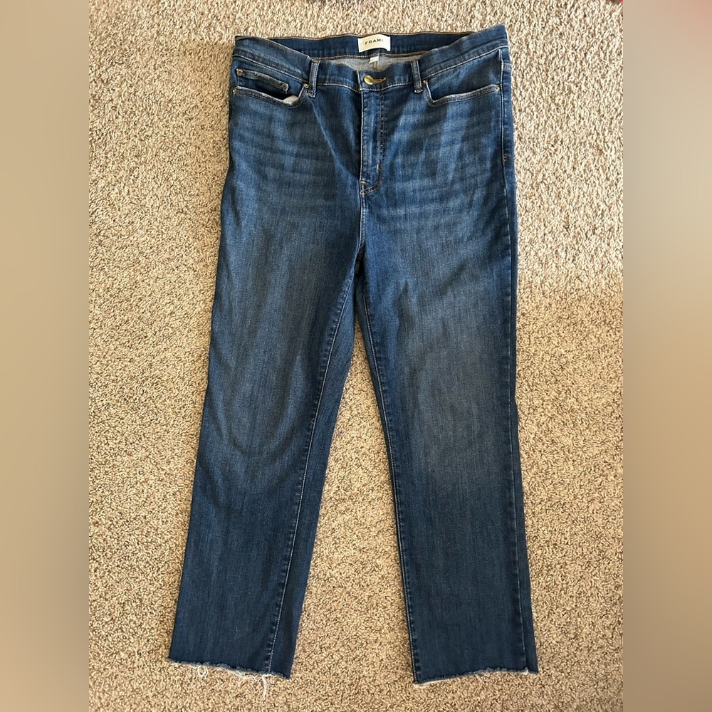 Frame Denim Slim Palazzo Wide Leg Jeans Women’s Size 32 Cotton Blue Raw Hem